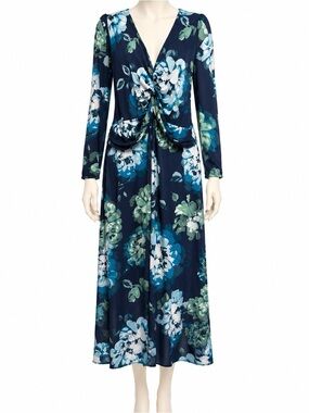 London Times Woman 3X Navy Floral Twist Front Knee Length Dress Long Sleeve